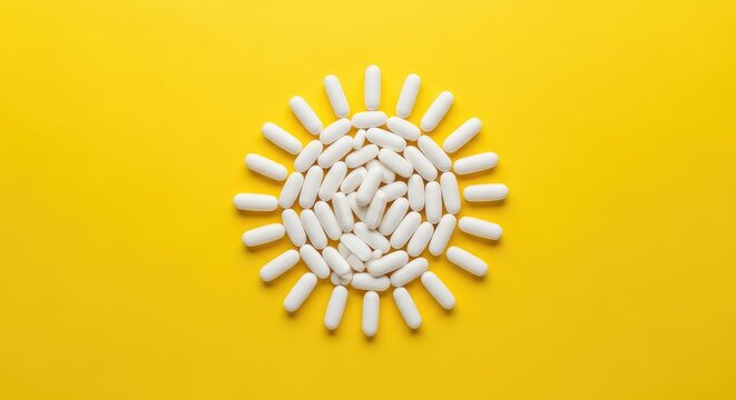 White vitamin capsules arranged in a radiant sun shape on a bright yellow surface, representing health, wellness, and essential sunlight, medical, minerals, pharmaceutical