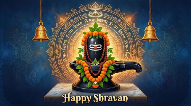 Shiva Linga with flowers and bells on a pedestal