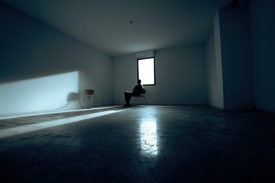 Lonely person sitting on chair by window in empty dark room with concrete floor concept of loneliness and depression