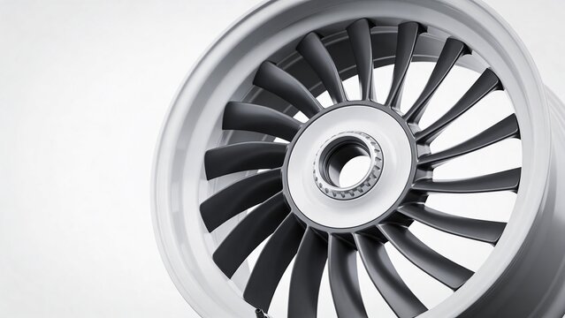 Ultra-realistic 3D render of a futuristic turbine-style alloy wheel rim featuring a matte white outer rim and dark graphite curved blades.