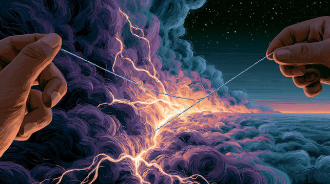 Hand holding a silver thread cutting through a chaotic storm toward a clear horizon with clouds and sky suggesting calm and hope