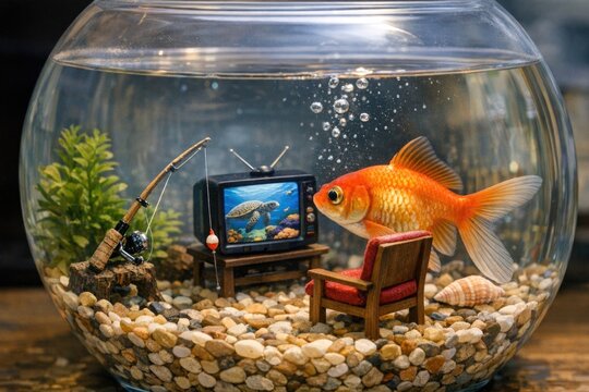 A fish swimming in a bowl next to a TV, providing an unusual and quirky contrast between the two objects