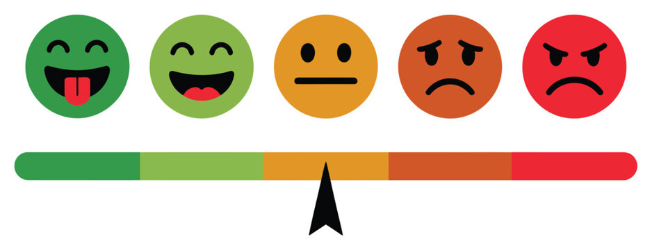 Satisfaction rating vector illustration with feedback emotion faces, customer review scale, user experience evaluation and colored satisfaction level indicators.