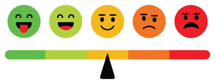 Satisfaction rating vector illustration with face icons, customer feedback emotions, user experience review scale and colored satisfaction segments isolated design.