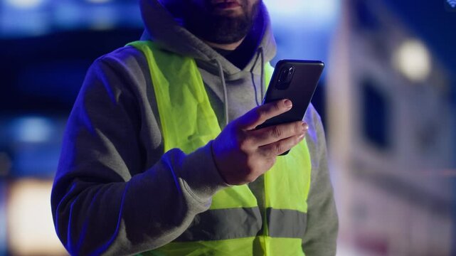 Emergency medical service team on a road, incident, medic using walkie-talkie, transports a patient to the hospital in a rescue vehicle or ambulance. Using phone medical assistance on the