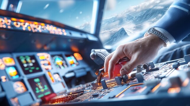 Pilot Adjusting Aircraft Controls Inside Cockpit During Flight