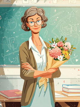 Smiling female teacher in glasses holding bouquet of flowers against school chalkboard vector illustration for teachers day
