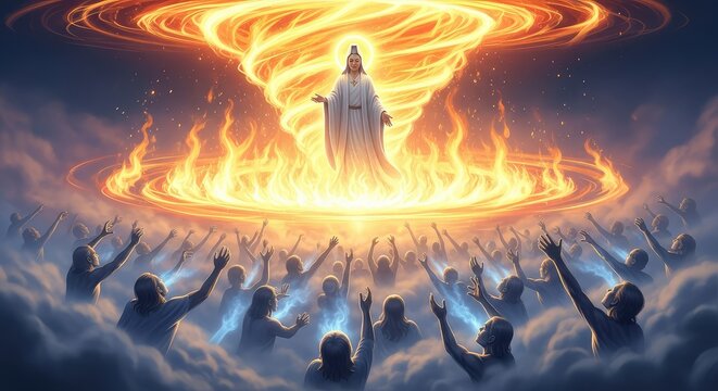 A divine holy figure stands above glowing flames while ethereal spirits reach upward from the mist seeking grace and eternal redemption, fog, spiritual, icon