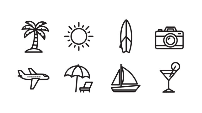 Summer vacation icons with airplane surfboard and cocktail on white background for travel planning