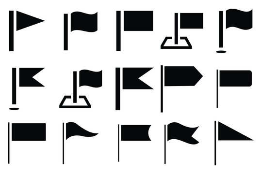 Flag icons set. Flag shape. Pointer symbol. Direction sign. Map location element. Element for design mobile app or website. Pennant with flagpole, black silhouette destination banners.
