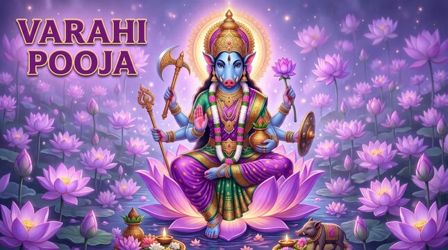 Hindu goddess Varahi statue in pooja ritual surrounded by lotus flowers under cosmic sky