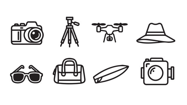 Travel gear icons in a clean line art style on a white background for vacation planning