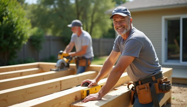 Two men build wooden deck in backyard. One worker uses circular saw on lumber. Another checks level on wood frame. Happy contractor smiles, wearing tool belt and cap outdoors.