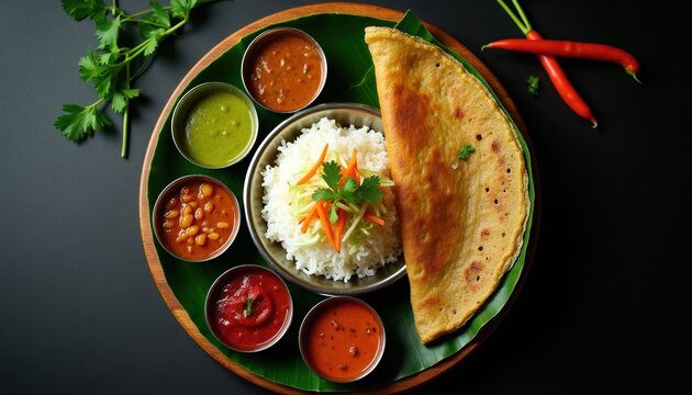 Indian dosa meal with rice and variety of sauces served on banana leaf plate. Spicy red chilies on side suggest bold flavors for healthy lunch or dinner.