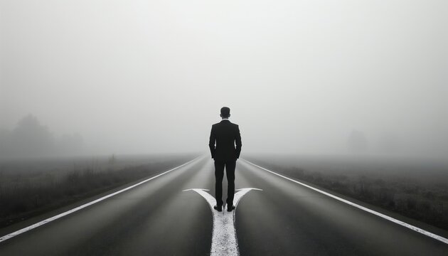 Man in suit stands at road fork in foggy morning. Chooses uncertain future path, difficult decision for career growth or risk. Ambition drives person.