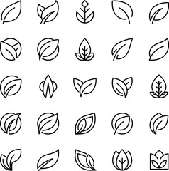 Fototapeta premium Collection of 25 hand-drawn leaf line art icons with abstract, environment