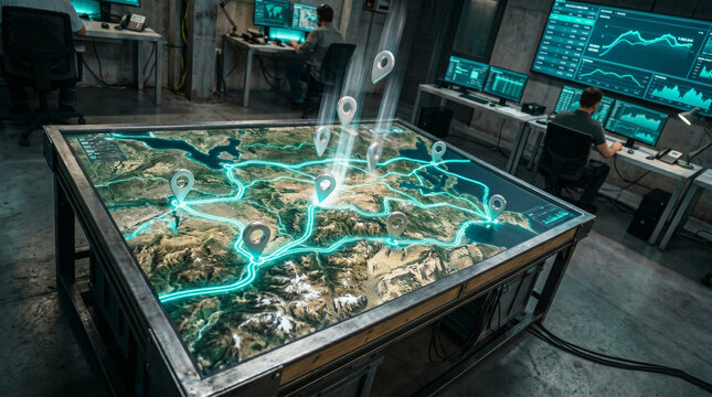 Professionals working in a high tech control room featuring a large interactive table displaying a glowing digital map with location pins