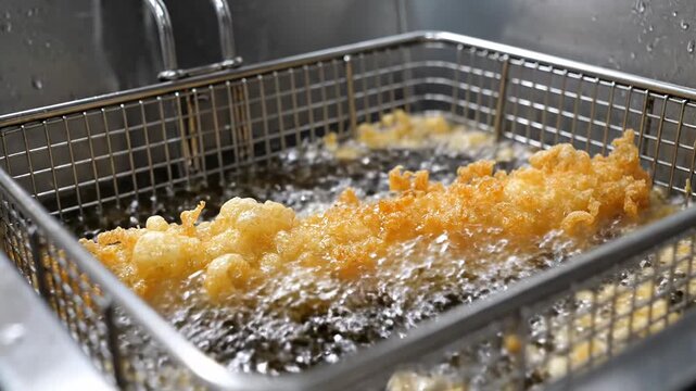 Deep frying crispy battered shrimp in a restaurant commercial kitchen fryer.