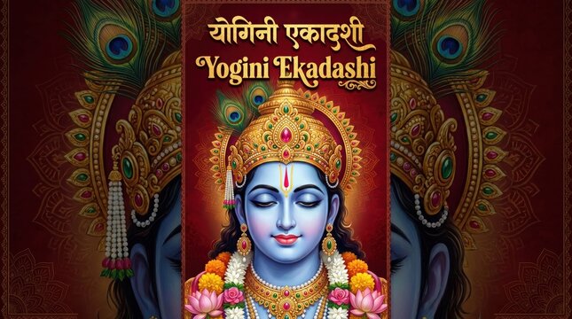Hindu goddess illustration with ornate headdress and peacock feather backdrop for Yogini Ekadashi festival