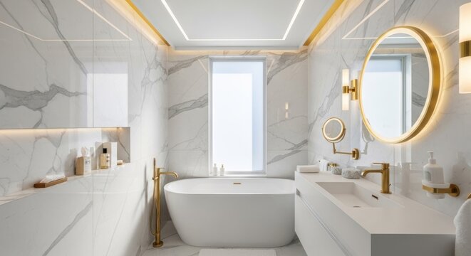Luxurious contemporary bathroom features white marble and polished gold fixtures throughout