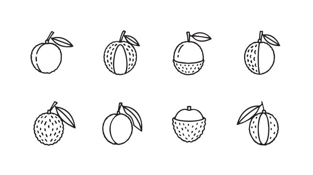 Various stylized fruits with leaves depicted in a clean line art style against a white background