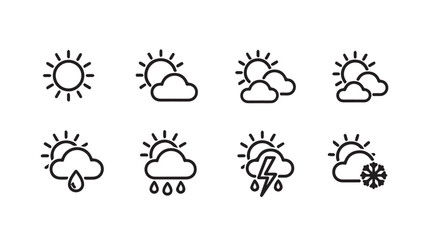 Obraz premium Various weather forecast icons including sun clouds rain snow and thunderstorm in a clean line art style