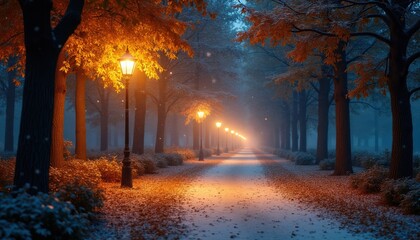 Fototapeta premium Park path lined with glowing lanterns on a misty autumn night with first snowfall. Orange leaf-covered ground meets snowy path. Tall trees frame tranquil, magical scene.