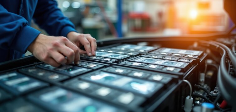 Mechanic works on electric car battery pack modules inside auto repair shop. Technician connects wires for vehicle energy system service. Automotive power cells, lithium ion technology.