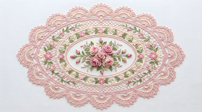 Vintage oval lace doily with embroidered roses and floral design delicate pink tones