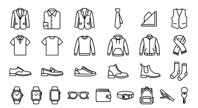 Mens fashion clothing and accessories outline icon set in black and white vector design
