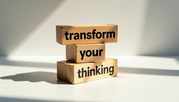 Wooden blocks stack with message transform your thinking. Idea for personal growth, positive mindset shift and business strategy change for better future.