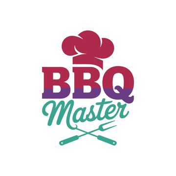 BBQ master logo with chef hat and crossed forks vector illustration