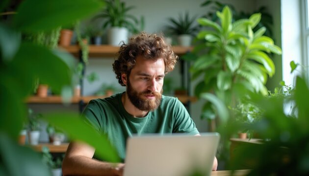 Man with beard works on laptop in green office. Computer screen glows, reflects light. Room filled with houseplants, creating nature vibe. Person types on keyboard at desk.