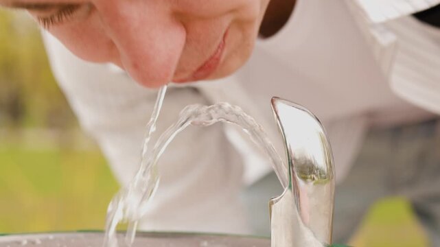 A 4K close-up of a man thirst quenching at a water fountain in a city park. Essential park infrastructure for hydration and urban refreshment on a hot day. High quality footage