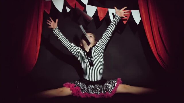 A girl on a small makeshift circus stage sitting in the splits tosses playing cards upward for a magic trick performance. 