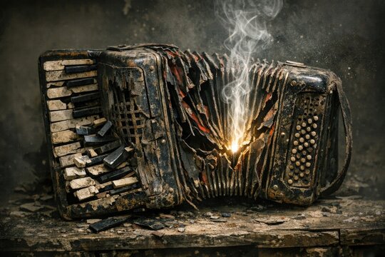 A close-up shot of an accordion with smoke coming out of it