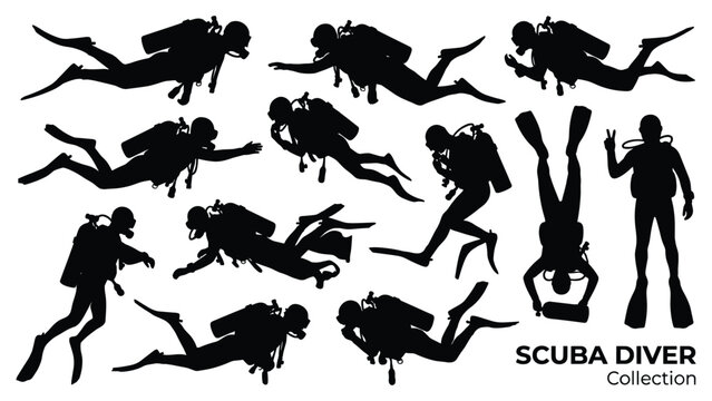Scuba diver silhouettes collection black shapes on a white background silhouette high-quality professional detailed modern