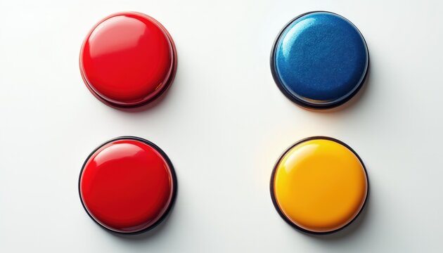 Four round buttons, two red, one blue, and one yellow, sit on a white surface. These glossy, three-dimensional objects feature smooth textures and dark circular rims.