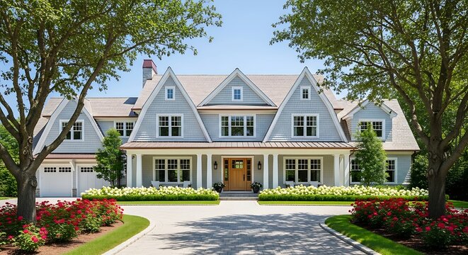 Large gray house with white trim and red flowers