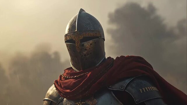 A knight in shining armor with a dark, textured helmet covering the face, wearing a deep red cloak draped over black armor, set against a cloudy, dim sky