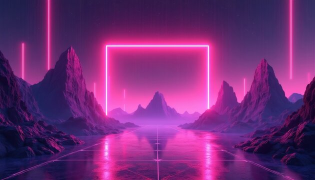 Neon rectangle frames mountain range landscape. Pink and purple lights glow over rocky peaks and reflective water. Digital art conveys futuristic synthwave atmosphere.