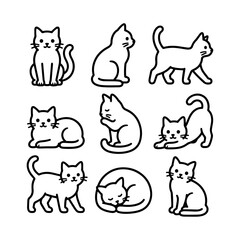 Fototapeta premium Collection of nine black and white cat poses in line art illustration
