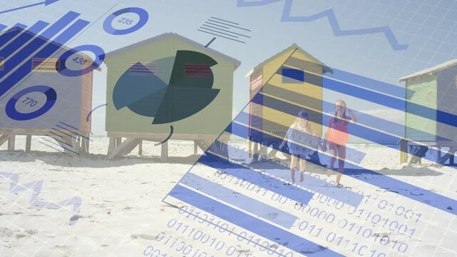 Two girls approaching, walking closer on beach, charts sweeping over girls, showing analytics