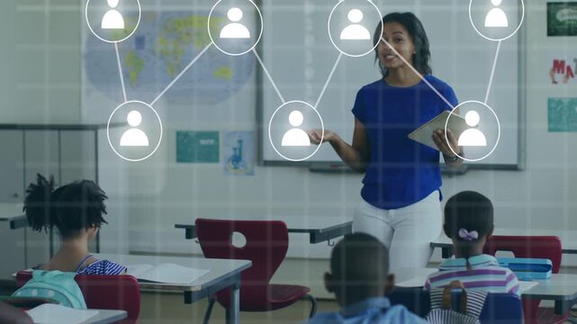 Teacher tapping tablet, teaching classroom while animated user icons forming network with grid code