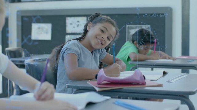 Girl writing math work pressing pencil, pausing and looking up while diagrams overlaying notebook