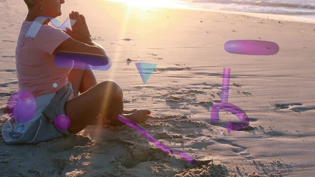 Camera pulling back showing woman joining hands stretching wellness purple blue shapes overlaying