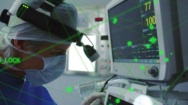 Doctor leaning at monitors in OR, AR overlay locking GPS_LOCK, adjusting controls confirming vitals