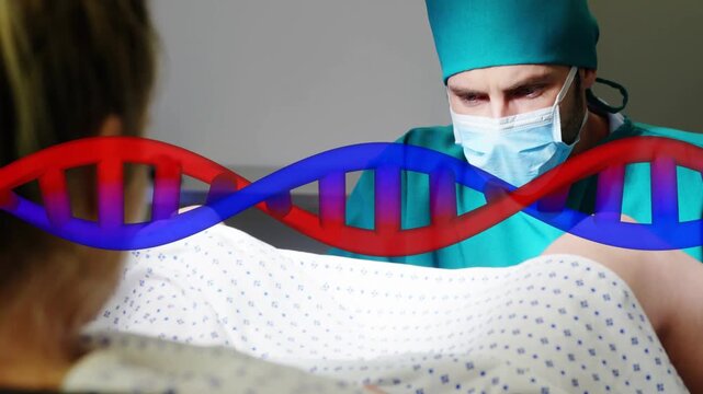 Medical DNA helix sweeping across frame starting physician leaning over patient and assisting birth