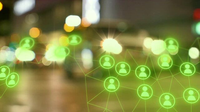 Neon network fading over blurred night street, bright light causing pulsing nodes visualizing links