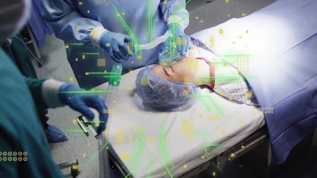 Anesthetist placing mask, nurse adjusting tube, ensuring oxygen preop, green overlay obscuring view